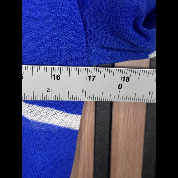 POL Sweater Small Womens Blue Striped Sheer Knit Ruched Pockets Button Cardigan - Picture 3 of 7